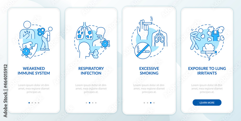 Factors leading to pneumonia onboarding mobile app page screen. Weak immunity walkthrough 4 steps graphic instructions with concepts. UI, UX, GUI vector template with linear color illustrations