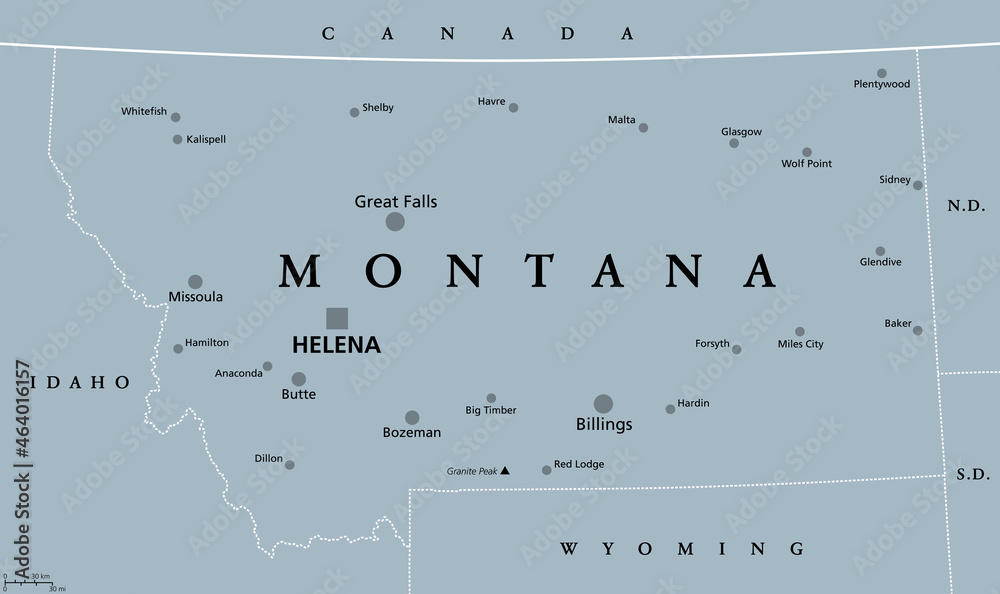 Montana, MT, gray political map with capital Helena. State in the 