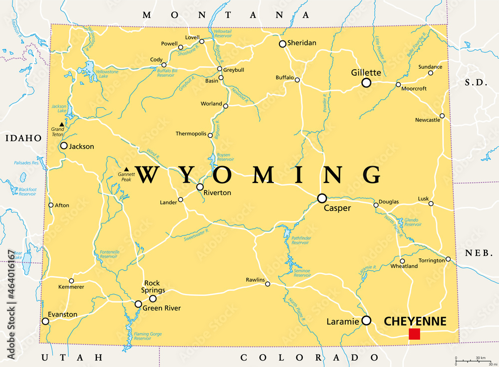 Wyoming, WY, political map, with the capital Cheyenne. State in the Mountain West subregion of the Western United States of America, nicknamed Equality State, Cowboy State and Big Wyoming. Vector. - obrazy, fototapety, plakaty 