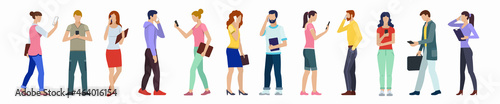 Set of people using smartphones. Collection of flat male and female characters with phones.