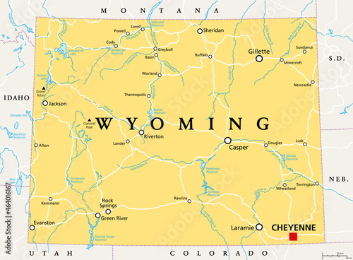 Wyoming, WY, political map, with the capital Cheyenne. State in the Mountain West subregion of the Western United States of America, nicknamed Equality State, Cowboy State and Big Wyoming. Vector. photo