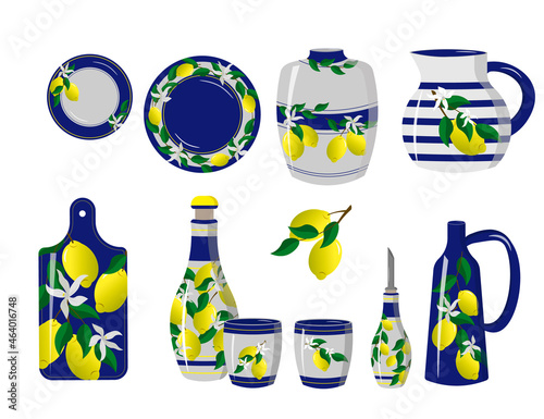 A set of ceramic dishes - plates, jugs, a vase and cutting board, glasses and an oil can. Italian pattern with yellow lemons. Vector illustration for use in prints, fabrics, advertisements, flyers