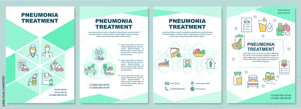 Pneumonia treatment brochure template. Prescribe antibiotics, rest. Flyer, booklet, leaflet print, cover design with linear icons. Vector layouts for presentation, annual reports, advertisement pages