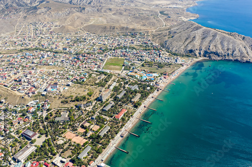 Sudak, Crimea. View of the city beaches of Sudak from the Black Sea. Aerial view