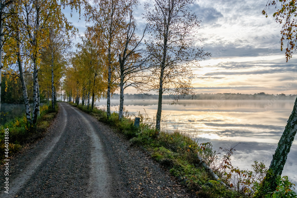 Morning country road in October scenery Morning country road in October scenery