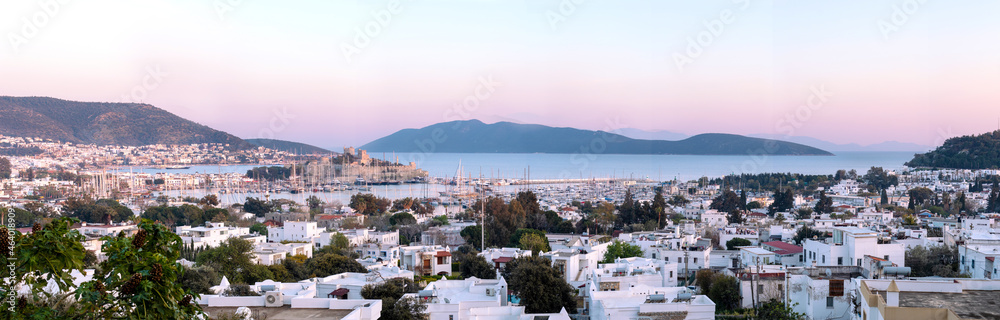 Panoramic shot of bodrum castle when at sunset Bodrum, Mugla, Turkey. Tourism and leisure concept.