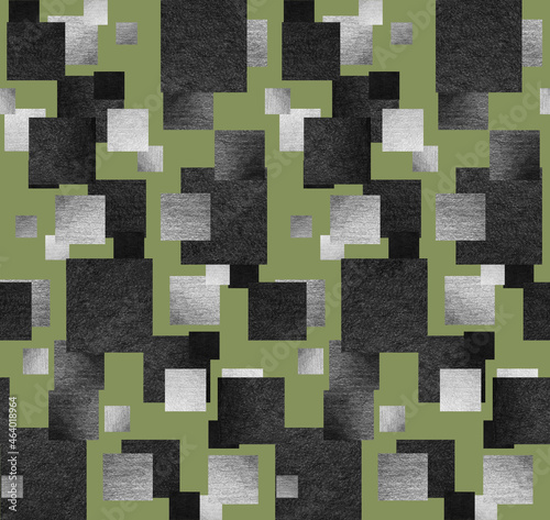Squares - abstract geometric seamless pattern with a collage of pencil textured elements on a green  khaki  background.