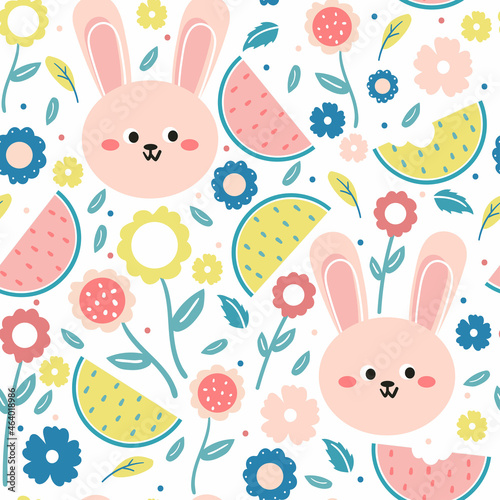 Seamless pattern with cute cartoon bunny and plant for fabric print, textile, gift wrapping paper. colorful vector for textile, flat style