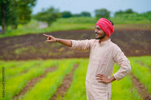 Young indian farmer at green onion agriculture field.