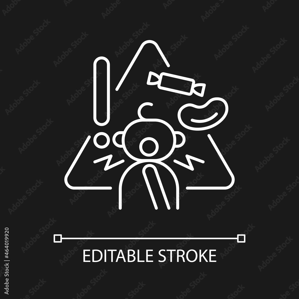 Choking hazard foods white linear icon for dark theme. Child safety at home. Trauma prevention. Thin line customizable illustration. Isolated vector contour symbol for night mode. Editable stroke Choking hazard foods white linear icon for dark theme. Child safety at home. Trauma prevention. Thin line customizable illustration. Isolated vector contour symbol for night mode. Editable stroke