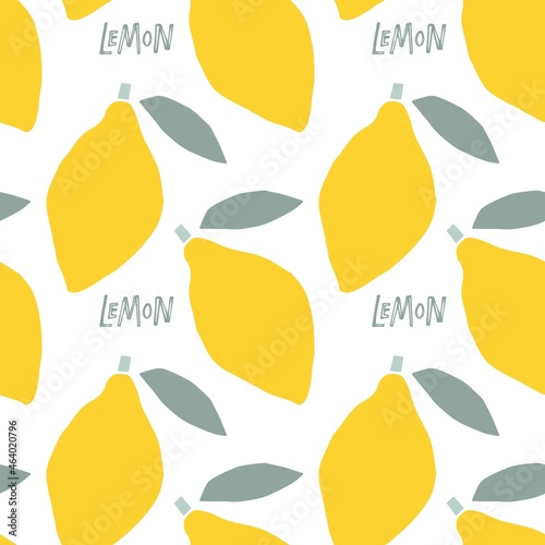 Abstract Lemon fruit seamless pattern, childish hand drawn doodle sketch background. Citrus fruit with leaves Flat vector illustration. Food template for textile, wrapping paper, wallpaper.