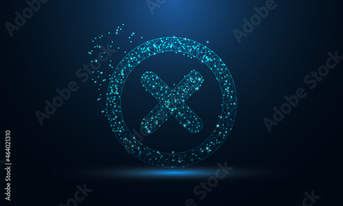 Abstract futuristic vector of cross mark icon in the form of a starry sky space. consisting of points, light, lines, and shapes in the form of design. Low poly cross sign vector on blue background.