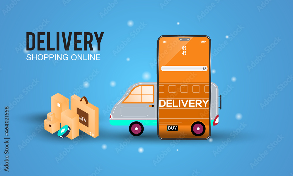 Isometric online delivery shopping vector template with delivery car and shopping bag. Smartphone app shopping illustration.