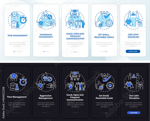 Manage ADHD in kids onboarding mobile app page screen. Emotions control walkthrough 5 steps graphic instructions with concepts. UI, UX, GUI vector template with linear night and day mode illustrations