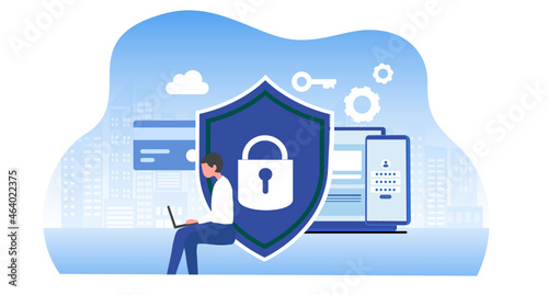 Cyber security and data protection concept. Businessman secure data management and protect data from hacker attacks vector illustration