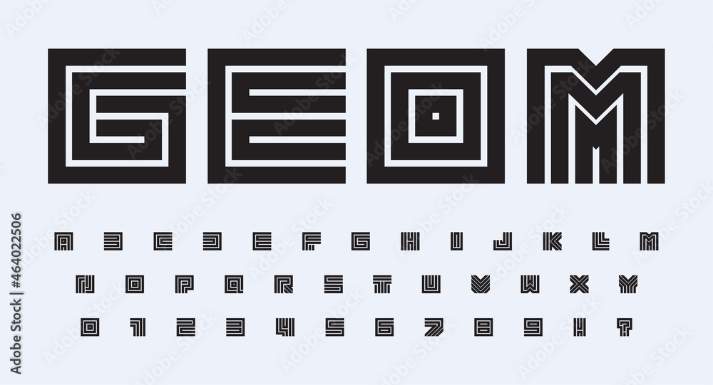 Square geometric alphabet, bold contours square letters and numbers set. Lines road and maze stylization vector typographic design. Minimal typography for modern unusual magazine headlines and logos Square geometric alphabet, bold contours square letters and numbers set. Lines road and maze stylization vector typographic design. Minimal typography for modern unusual magazine headlines and logos