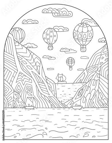 Hand drawing coloring page for kids and adults. Wild nature, sea, mountains, air balloons. Beautiful drawing with patterns and small details. Coloring book pictures. Vector