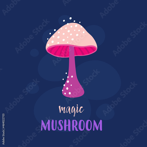 card with magic mushroom on dark, vector illustration