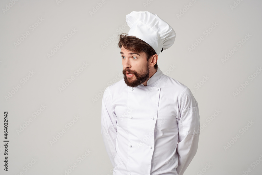 Man work uniform profession kitchen stuff isolated background Man work uniform profession kitchen stuff isolated background