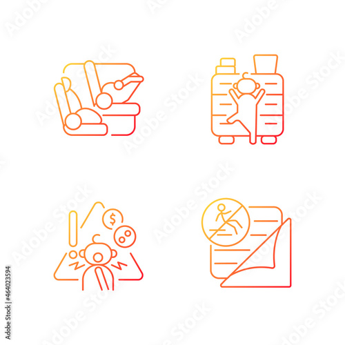 Accidents prevention gradient linear vector icons set. Choking precaution. Car seat and belt to protect kid in car. Thin line contour symbols bundle. Isolated outline illustrations collection