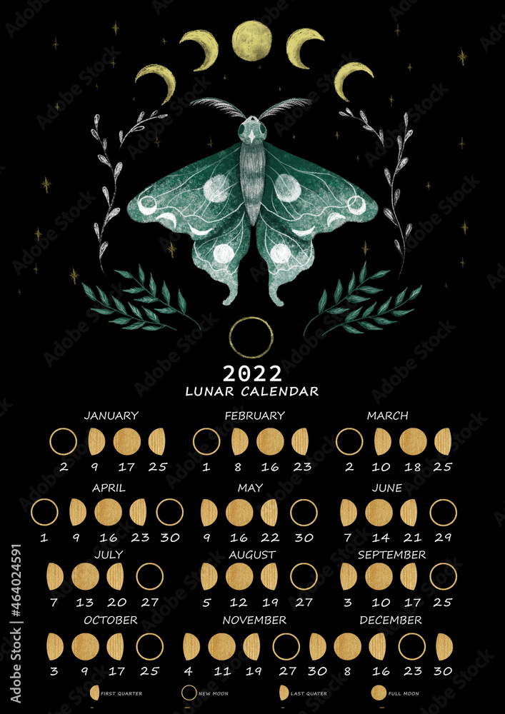Lunar calendar 2022. Moon phases calendar for 2022 with beautiful lunar