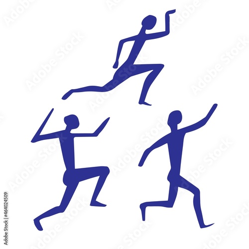 Primitive running men silhouette. Hunting scene in Rock painting style. Vector hand drawn illustration isolated on white background. Image of cave people everyday life. Art element for design.