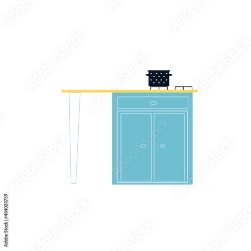 Vector flat cartoon pan on cooking table with cabinet isolated on empty background-modern home furniture,kitchen interior elements concept,web site banner ad design