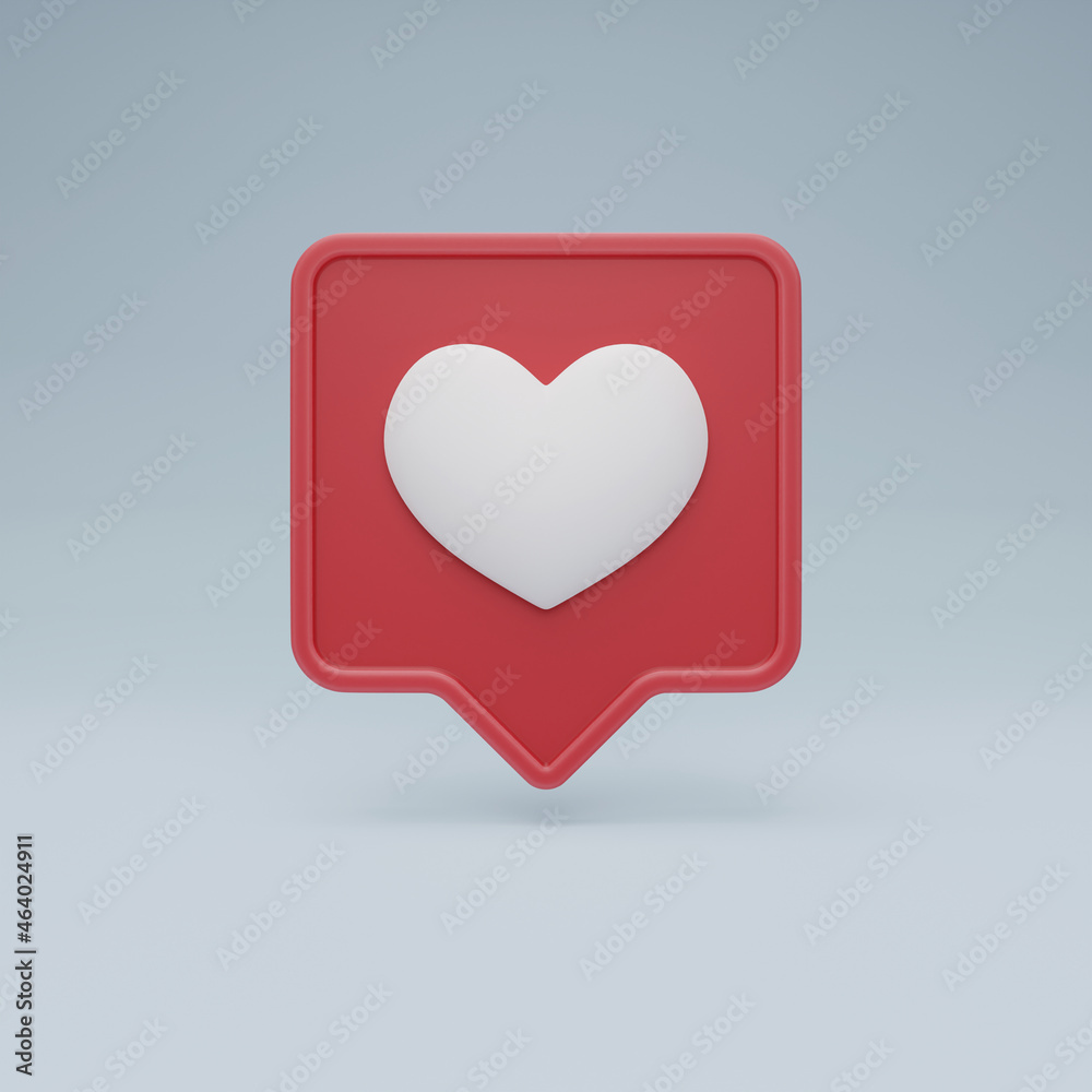 Realistic love like heart social media notification icon on pastel blue background with shadow. Follow, comment, one like icon - 3D illustration Realistic love like heart social media notification icon on pastel blue background with shadow. Follow, comment, one like icon - 3D illustration