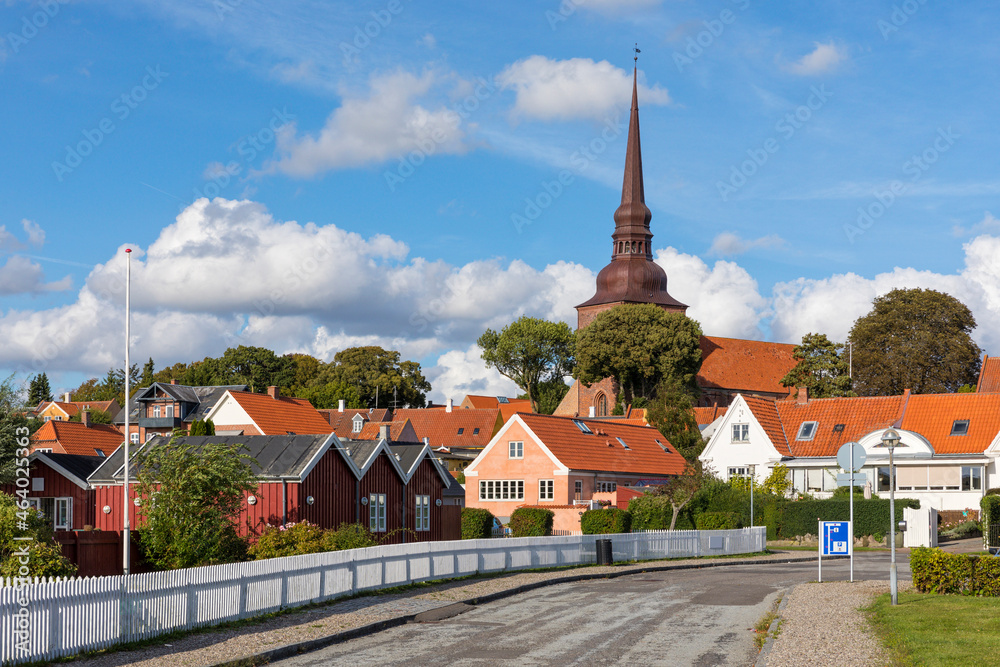 Village and church of Nysted, Danish Baltic Sea island of Lolland, view from the Harbor