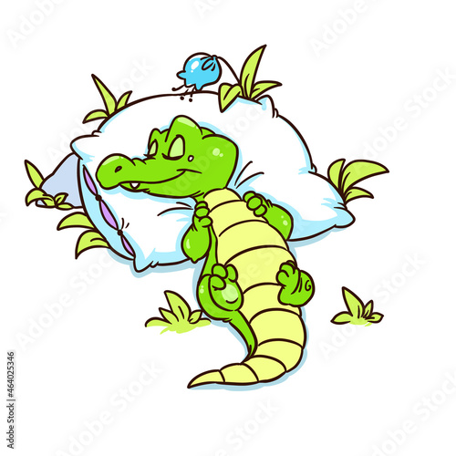 Little crocodile character animal sleeping pillow rest illustration cartoon