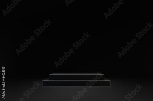 3D minimal scene dark double cubic podium on black background. Empty stage for product presentation. Realistic vector platform with free space. Minimalistic mockup design. Template of pedestal