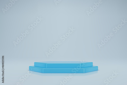 3D pastel blue hexahedral podium on light background. Empty stage for product presentation. Realistic vector platform with free space. Minimalistic mockup design. Template of pedestal