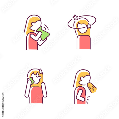 Panic disorder symptoms RGB color icons set. Nausea and dizziness. Anxiety and stress signs. Mental disorders. Isolated vector illustrations. Simple filled line drawings collection