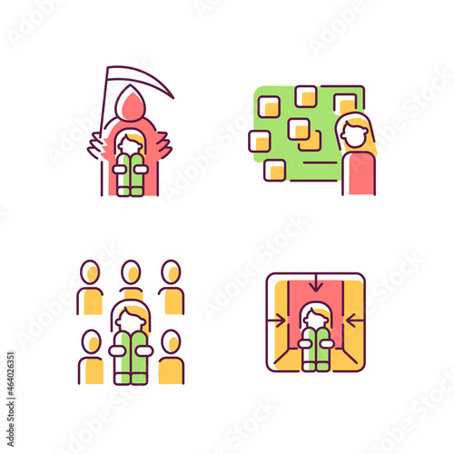 Fears and phobias RGB color icons set. Fear of crowd and death. Depersonalization due to awe. Panic attack and mental disorder. Isolated vector illustrations. Simple filled line drawings collection