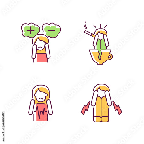 Physical symptoms of anxiety RGB color icons set. Heart palpitation. Indecisive person. Stimulants trigger panic episode. Isolated vector illustrations. Simple filled line drawings collection