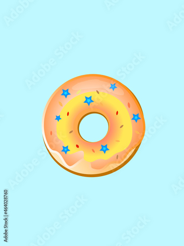 Glazed donut with sweet on a blue background. Vector donut. For bakery menu design. Dessert vector. Orange donut. Sweet donut eat candy birthday