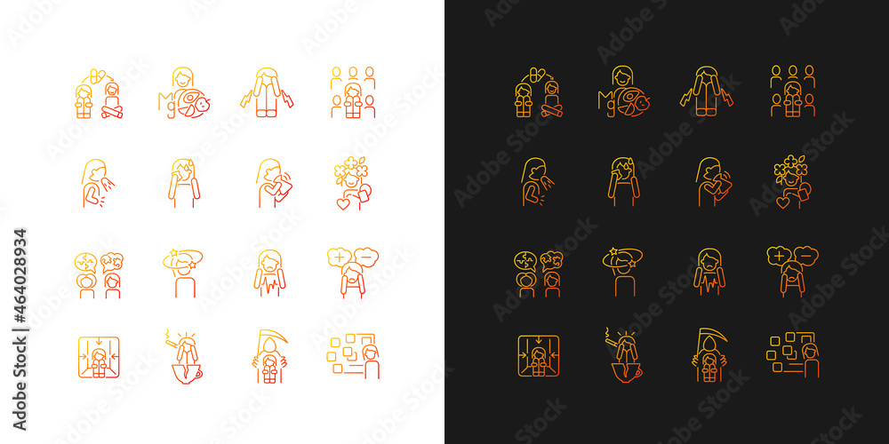 Panic disorder gradient icons set for dark and light mode. Symptoms, treatment. Mental problems. Thin line contour symbols bundle. Isolated vector outline illustrations collection on black and white Panic disorder gradient icons set for dark and light mode. Symptoms, treatment. Mental problems. Thin line contour symbols bundle. Isolated vector outline illustrations collection on black and white