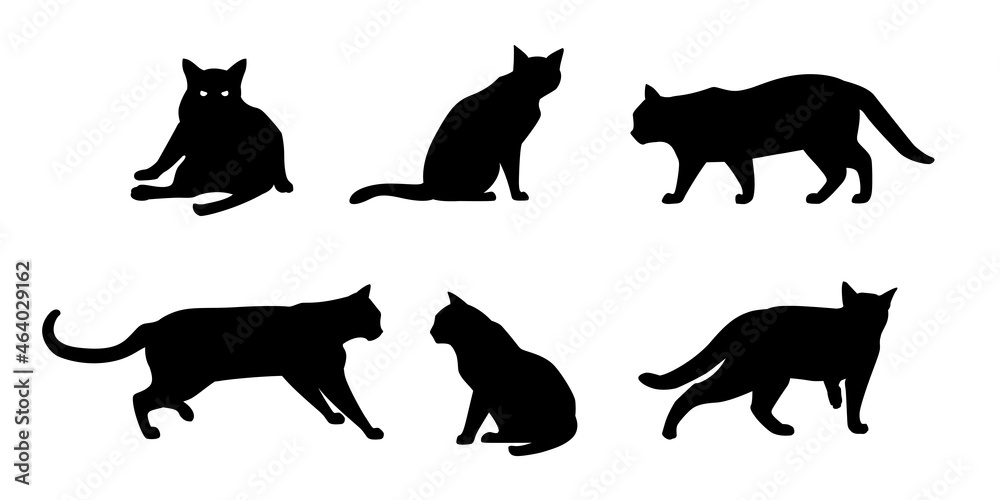 Set of Black Cats Silhouette on White Background. Icon Vector Illustration. Concept for  Logo, Print, Sticker.