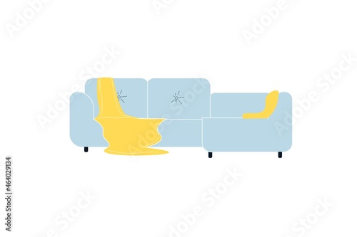 Vector flat cartoon sectional sofa with blanket isolated on empty background-modern furniture,living room interior elements,comfort home life concept,web site banner ad design