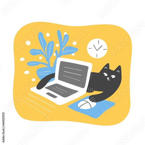 Cute black cat and a laptop, cute vector illustration.