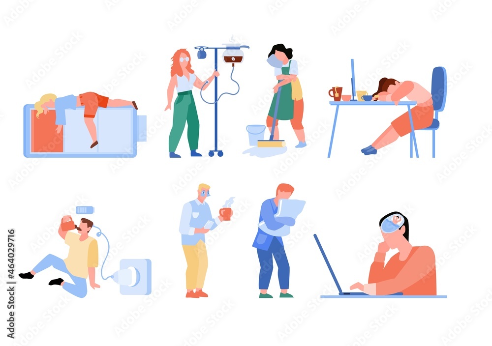 Fatigue overwork people at work isolated set. Tired male female office workers sit, sleep, express frustration, charge battery, dream about vacation, feel lack of energy vector illustration