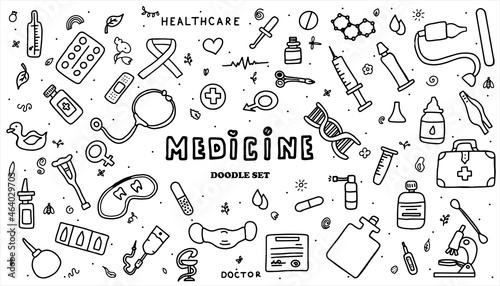 Medical doodle poster with medicines, test tubes and a thermometer. Big pharmacy set. Template for an advertising, pattern or remote medical consultations for adults and children. Vector illustration