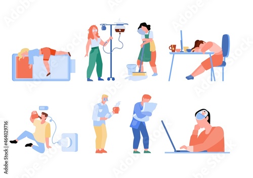 Fatigue overwork people at work isolated set. Tired male female office workers sit, sleep, express frustration, charge battery, dream about vacation, feel lack of energy vector illustration