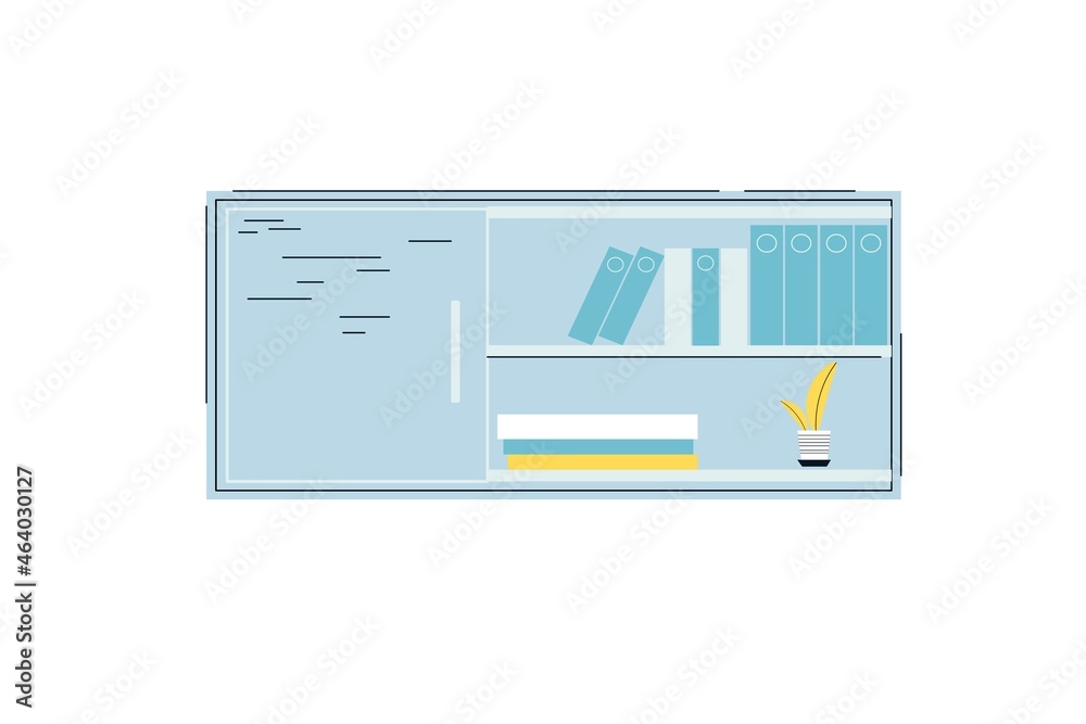Vector flat cartoon shelf with folders,home plant and stuff isolated on empty background-furniture and interior elements concept,web site banner ad design Vector flat cartoon shelf with folders,home plant and stuff isolated on empty background-furniture and interior elements concept,web site banner ad design