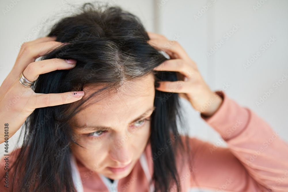 Fototapeta premium Portrait of a beautiful young woman examining her scalp and hair in mirror, hair roots, color, first grey hair, hair loss or dry scalp problem, or noticing that she is suffering from dandruff