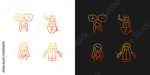 Physical symptoms of anxiety gradient icons set for dark and light mode. Heart palpitation. Thin line contour symbols bundle. Isolated vector outline illustrations collection on black and white