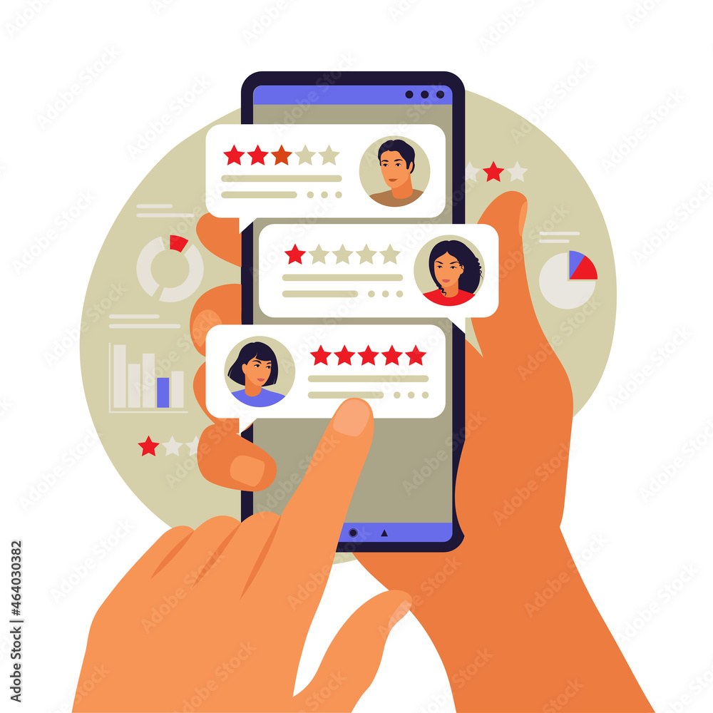 Online reviews concept. Star rating. Feedback concept. Bubble speeches on mobile phone. Vector illustration. Flat. Online reviews concept. Star rating. Feedback concept. Bubble speeches on mobile phone. Vector illustration. Flat.