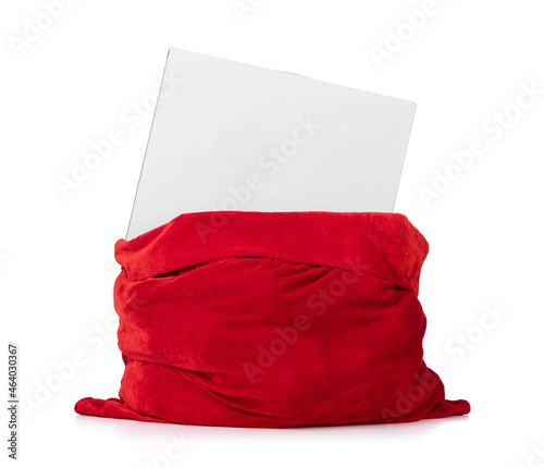 Santa Claus red bag with gift white cardboard box isolated on white background. File contains a path to isolation.