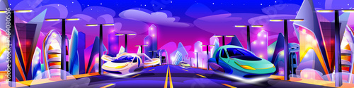 Future night city with neon glowing lights. Futuristic cityscape in violet colors. Modern buildings and flying cars unusual shapes. Alien urban architecture skyscrapers cartoon vector illustration.