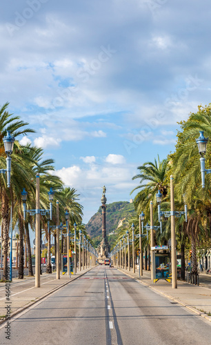 Paseo de Colon in the city of Barcelona with the famous statue of the discoverer in the background